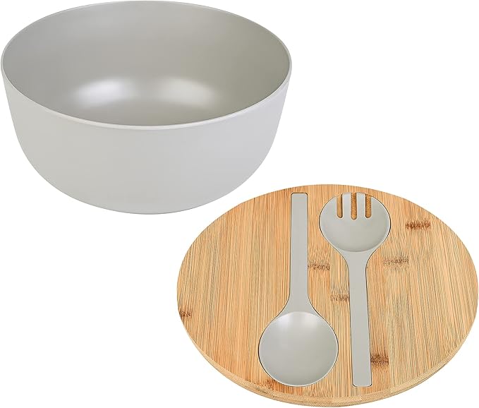 Bamboo Fiber Salad Bowl with Servers Set - Large 9.8 inches mixing bowls Solid Bamboo Salad Wooden Bowl with Bamboo Lid Spoon for Fruits,Salads and Decoration (Grey, 9.8INCH)