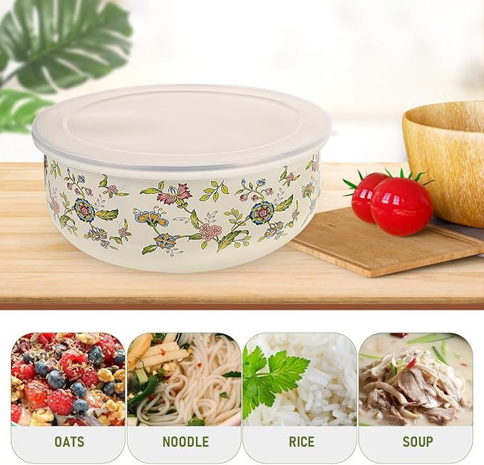 Hemoton 5pcs Enamel Mixing Bowls with Lids - Stackable Food Storage Bowls for Salad, Fruit, Soup - Retro Design for Home Use, 4.05 X 4.05 X 1.96 Inch