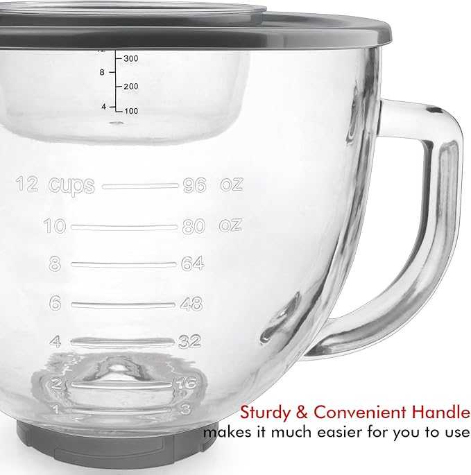 Glass Mixing Bowl Accessory 5 Quart - Compatible with KitchenAid 4.5 and 5 Quart Tilt-Head Stand Mixers (With Measuring Cup Lid)