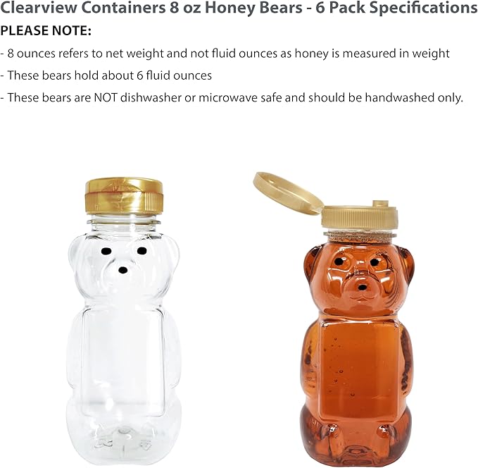 6 Pack of 8 Ounce Honey Bears with Sealable Gold Flip Top Lids (8 oz. Bear, 6pk, Gold)