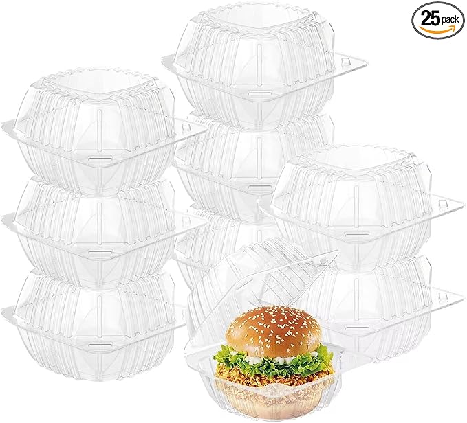 BallHull 25 Pack Clear Thickening Plastic Hinged Take Out Containers Disposable Clamshell Food Cake Containers with Lids 5.8 x 5.8 x 3.2 inch for Dessert, Cakes, Salads, Pasta, Sandwiches