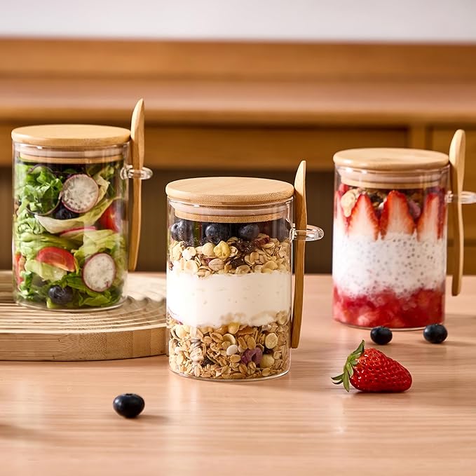 Set of 4 Airtight Glass Jars with Bamboo Lids and Spoons, 22 OZ Overnight Oats Containers with Lids,Glass Food Storage Jars Perfect for Coffee, Tea, Sugar, Spices, Beans, and More