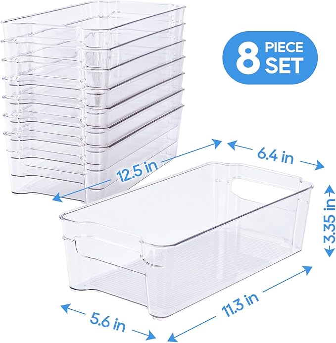 JollyPack 8 Pack Clear Plastic Storage Bins, Refrigerator Organizers and Storage with Handles for Fridge, Pantry, Kitchen, Bathroom, Office, and Cabinet Organization