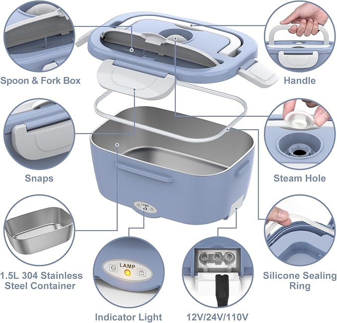 Bule Electric Lunch Box Food Heater, 60-80W Heated Lunch Box for Adults, 12V 24V 110V Portable Food Warmer LunchBox for Car Truck Work with Removable 304 Stainless Steel Container, Carry Bag