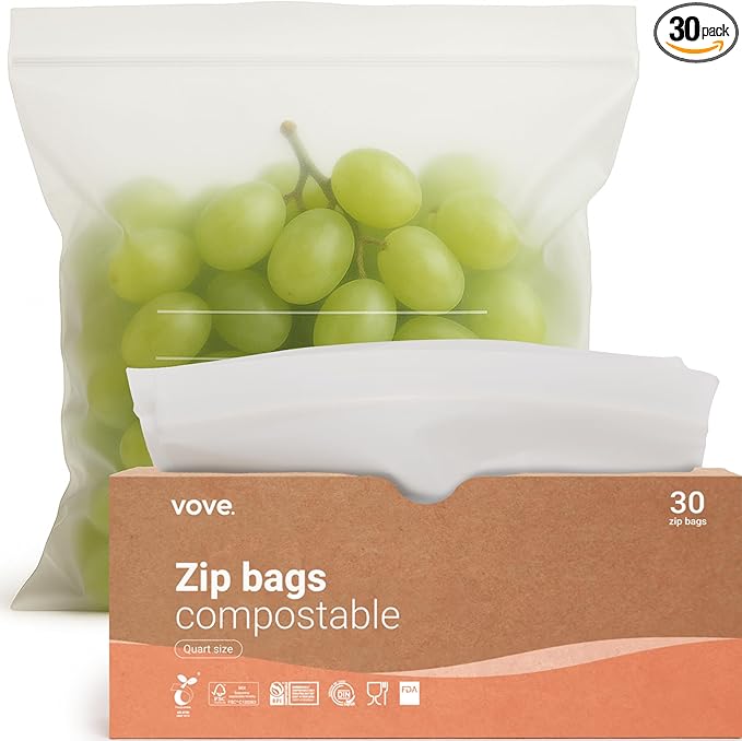 Compostable Zip Bags | 30-Pack Quart Size (1L) | PLA PBAT Biodegradable Storage Bags | Certified Eco-Friendly Food Storage | Zero Waste Kitchen | Plastic-Free Sustainable Storage