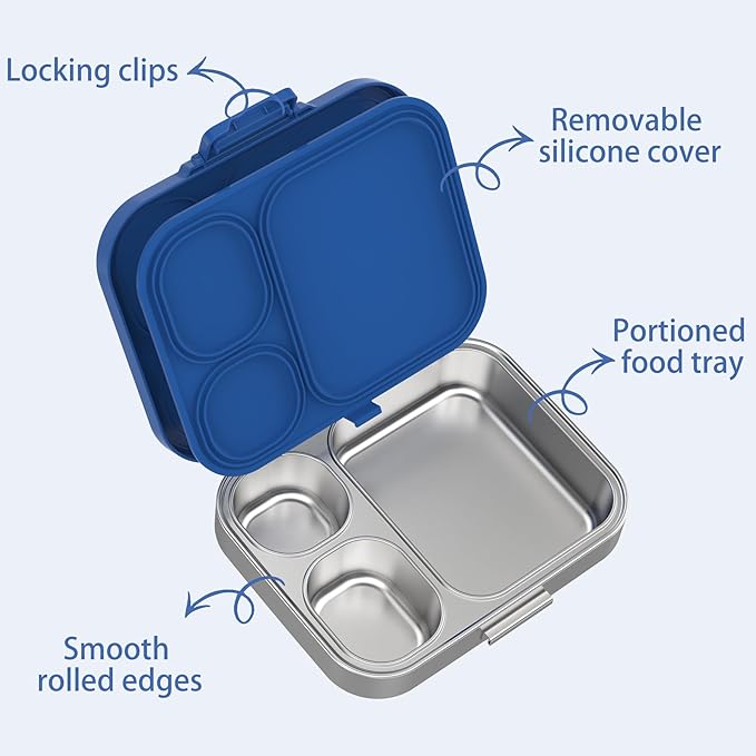 Stainless Steel Lunch Box, Leak-Proof with free sealing Bento Box 3 Compartments, Metal Lunchbox for Travel & Work, Eco-Friendly Meal Storage Solution Blue