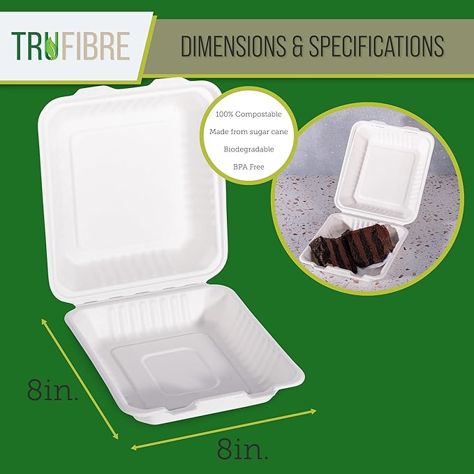 8 x 8 50 Pack White Clamshell Take Out Containers, 100% Biodegradable Compostable Bagasse, Disposable To Go Food Containers with Lids in Bulk