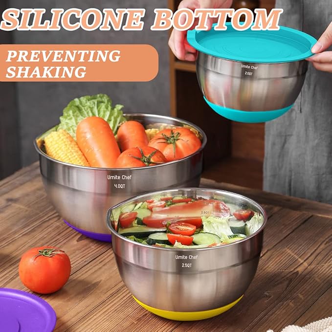 Umite Chef Mixing Bowls with Airtight Lids, 26Pcs Stainless Steel Bowls Set, 3 Grater Attachments & Colorful Non-Slip Bottoms Size 7, 4, 2.5, 2.0,1.5, 1QT, Great for Mixing & Serving