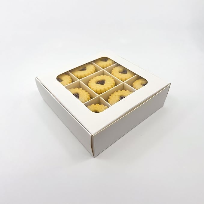 Treat boxes with window and dividers | 9 X-SMALL compartments | 5 x 5 x 1.57 in | Empty candy boxes for gift giving, truffle box - perfect for Valentine's Day | 10-pack (White)