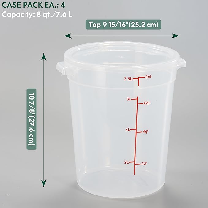 CURTA 8 Quart Translucent Round Food Storage Container with Lid, Pack of 4 – NSF Listed, BPA-Free, Commercial-Grade Polypropylene, Freezer & Dishwasher Safe, Non-Stick, Easy-Read Graduations