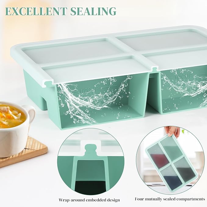 2 PACK Silicone Freezer Trays With Lid, 1 Cup Silicone Freezer Molds, Silicone Soup Freezer Molds For Freeze & Store Soup, Broth, Leftovers, Microwave-safe Soup Freezer Container - Green