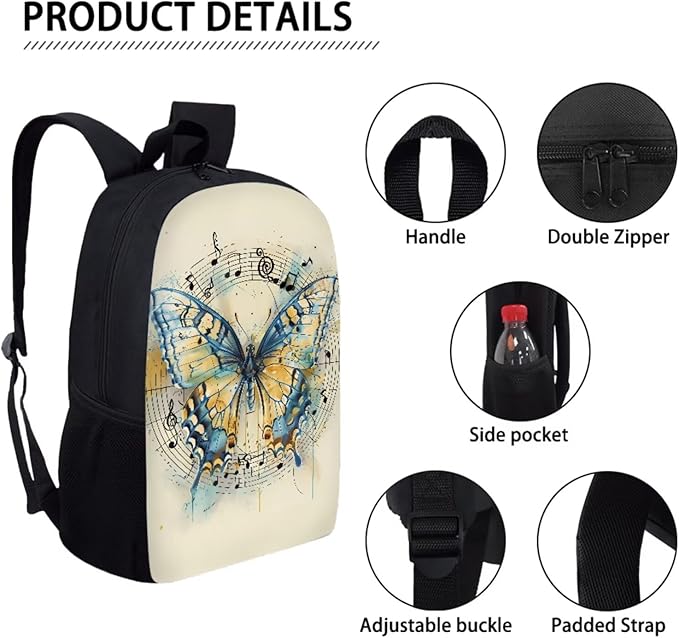 Dolyues Vintage Butterfly 3-Piece Girls Backpack Set - Cute 17-Inch School Backpack with Lunch Box & Zipper Pencil Case or Students & Outdoor Adventures