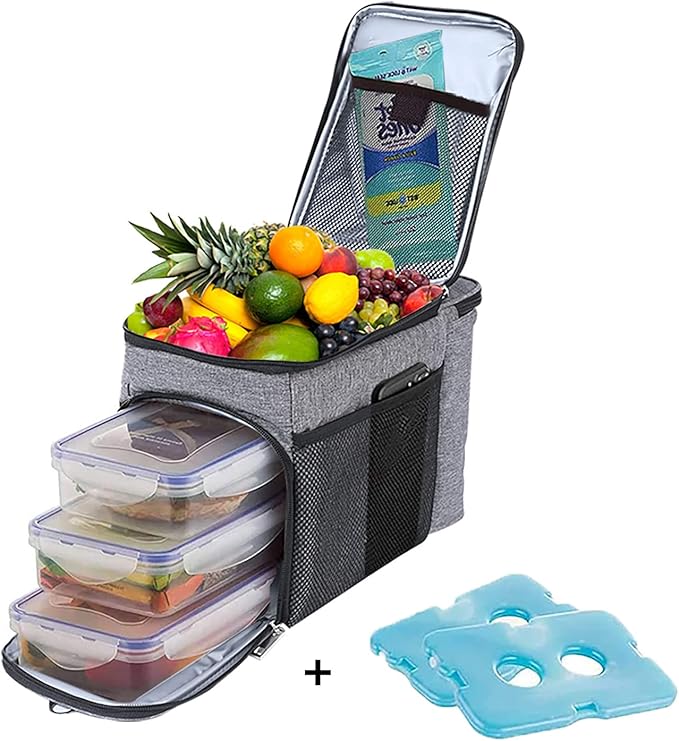 Top&Top Insulated Lunch Box Set and Cooler Bag for Men, Women (Tote Lunch Bag Includes 3 Reusable Meal Prep Containers + 2 Ice Pack + Detachable Shoulder Strap) Lunch Box for School, Office, Camping