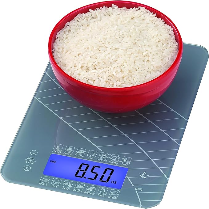SmartHeart Digital Kitchen Food Scale with Calorie & Carb Calculator Tempered Glass | Precision Measurements | Unit conversions: oz, lbs, g, ml | 14 pre-Set Foods