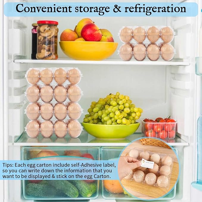 60 Packs Egg Cartons, Egg Cartons Cheap Bulk, Eggs 12 Count Clear Plastic Egg Containers for Chicken Farm, Reusable Egg Tray Holder for Family Refrigerator Storage, Market, Camping with Sticker Labels