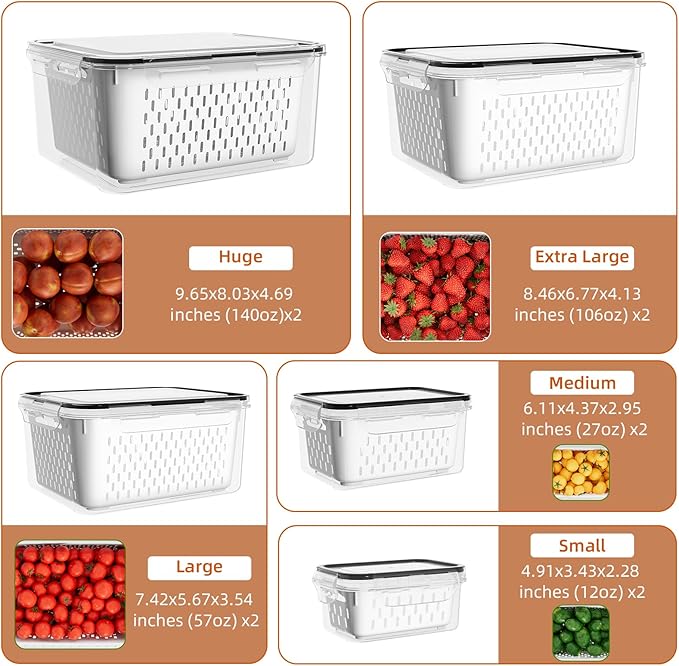 10 Pack Fruit Storage Containers for Fridge with Removable Colanders - Food Storage Containers with Lids, BPA-Free Produce Containers Keep Fruits, Vegetables, Berry, Meat Fresh Longer