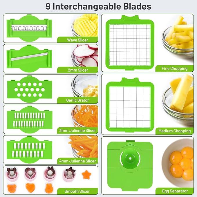 19 in 1 Vegetable Chopper Disney Mold Food Dicer with Wave Blade for Viral Social Media Recipes (Black & Green 13 in1)