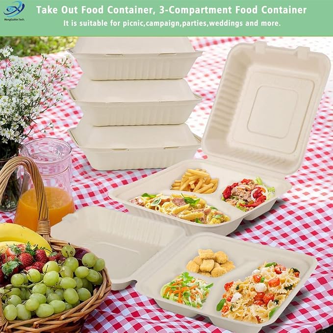 Compostable Take Out Food Container 9x9 Biodegradable 3-Compartment Clamshell To Go Container with Hinged Lid Heavy Duty Togo Disposable Box For Pasta Salad Sandwich Carryout Meal