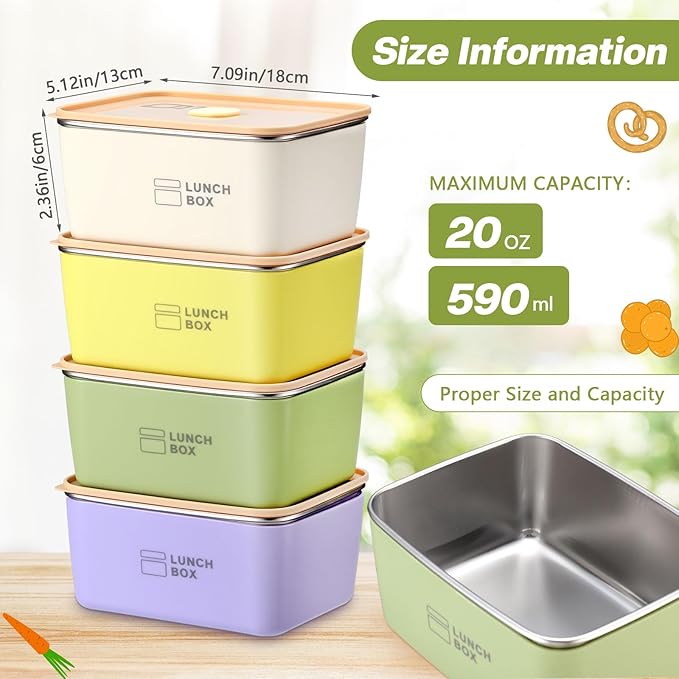 8 Pcs Stainless Steel Food Storage Containers with Lids 20 oz Metal Snack Containers Box for Dishwasher Freezer & Microwave Safe, Stainless Steel Lunch Box for Meal Prep, Leftovers