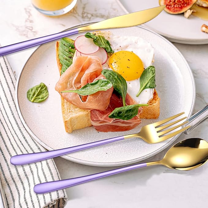 AARAINBOW 6 Pieces 18/8 Stainless Steel Flatware Set Portable Reusable Cutlery Set Travel Utensils Set Including Chopsticks Knife Fork Spoon Straws Cleaning Brush Dishwasher Safe (Purple golden)