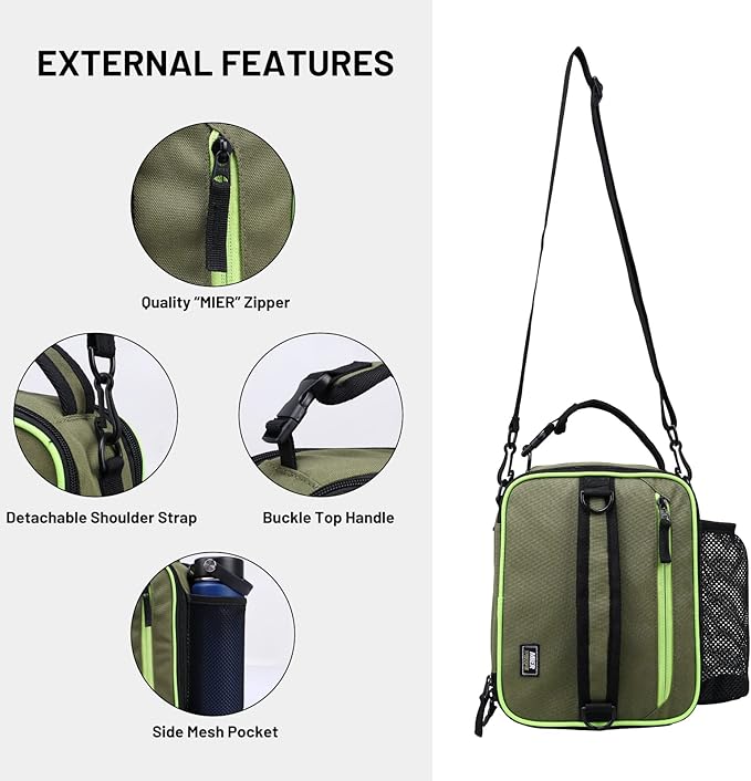 MIER Expandable Lunch Bag Insulated Lunch Box for Men to Work Travel Portable Lunchbox Bags with Shoulder Strap and Water Bottle Holder(Green)