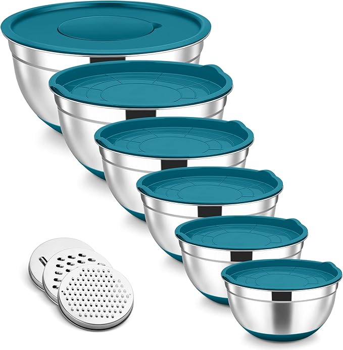 TeamFar Mixing Bowls, Stainless Steel Nesting Salad Bowl with Lids & 3 Graters, For Kitchen Cooking Serving Prepping, Airtight & Non-Slip, Size 4.6/3.5/2/1.5/1/0.7 QT, Set of 5 & Blue