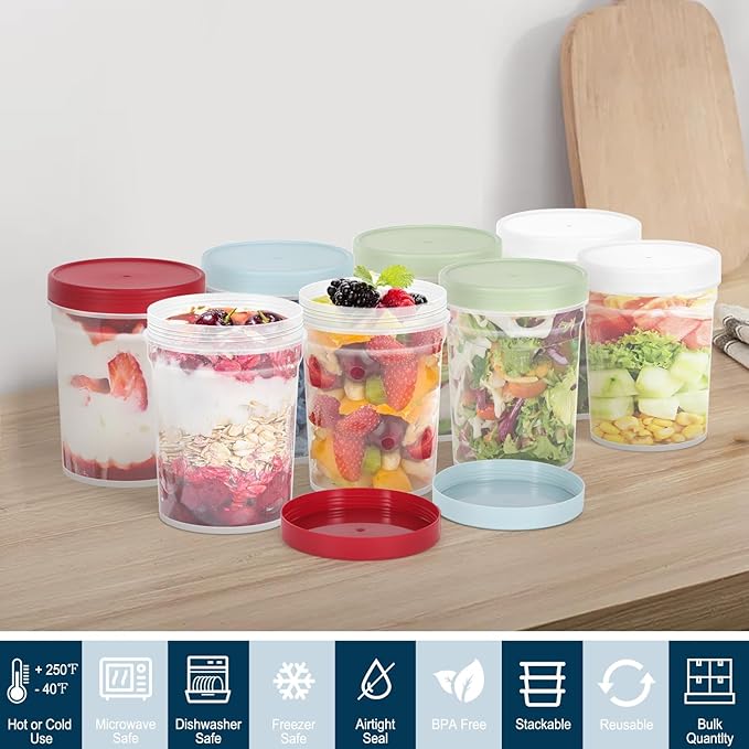 32oz-12Pack Reusable Food Freezer Storage Containers with Lids, BPA Free Twist Top Deli Container, Leak Proof, Stackable, Microwave and Dishwasher Safe-4 Colors