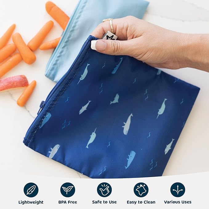 Tiny Twinkle 3 Pack Reusable Snack Bags - Machine Washable, PFAS, PVC, BPA, Phthalate-Free Reusable Baby and Toddler Food Safe Snack Bags (Ocean)