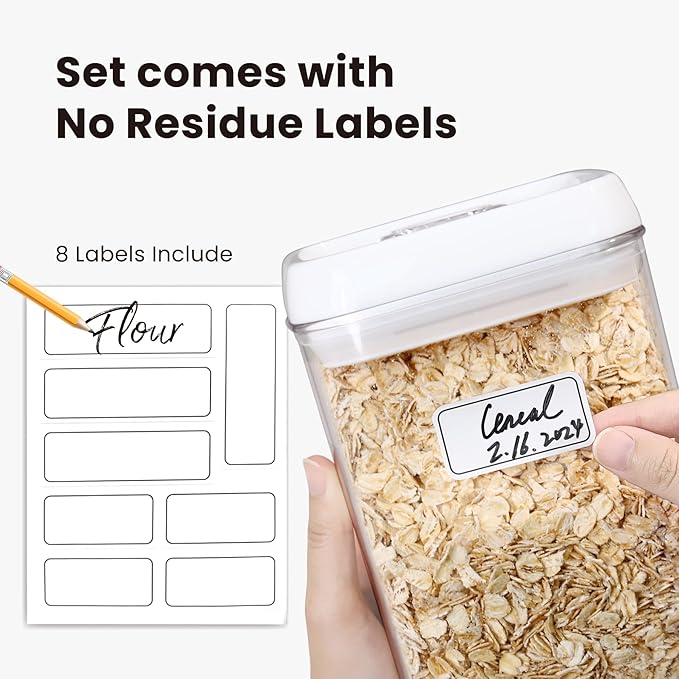 Felli Flip Tite Food Storage Container 5" LARGE 5pk Set + No Residue Label, Airtight Lid Easy Lock Top Stackable, Plastic Canister Jar for Pantry Kitchen Fridge Organizer Pasta Protein Powder Spice