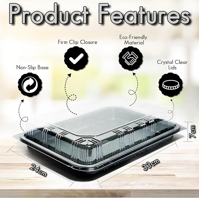 TRAYA Pack of 25 Serving Tray with lid - Reusable Catering Trays with Lids 13inch Long for Meal Prep, Cakes, Treats and Sandwiches (13 * 2.7 * 9.4inch)