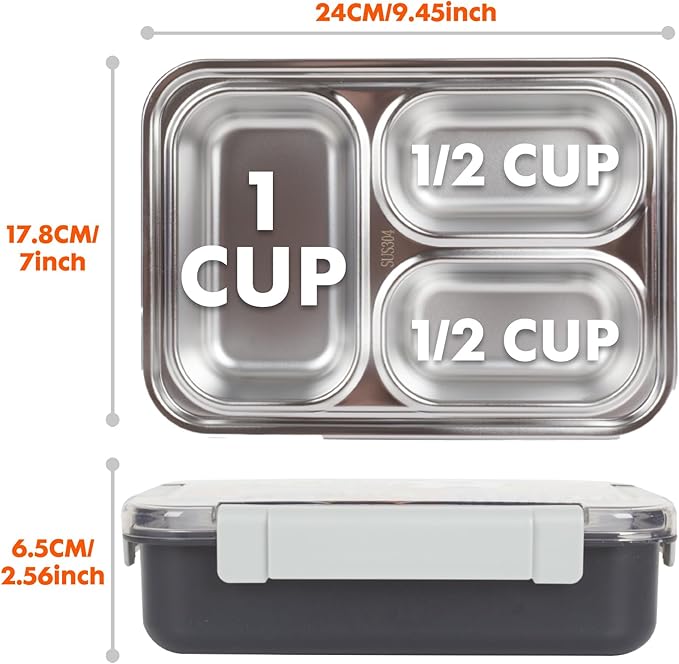 Stainless Steel Bento Lunch Box for Kids, 710 ml/23.5 oz BPA-Free Leak-Proof Food Containers with 3 Compartments, Back to School Students Daycare Lunches Snack Container Size for Ages 3-7