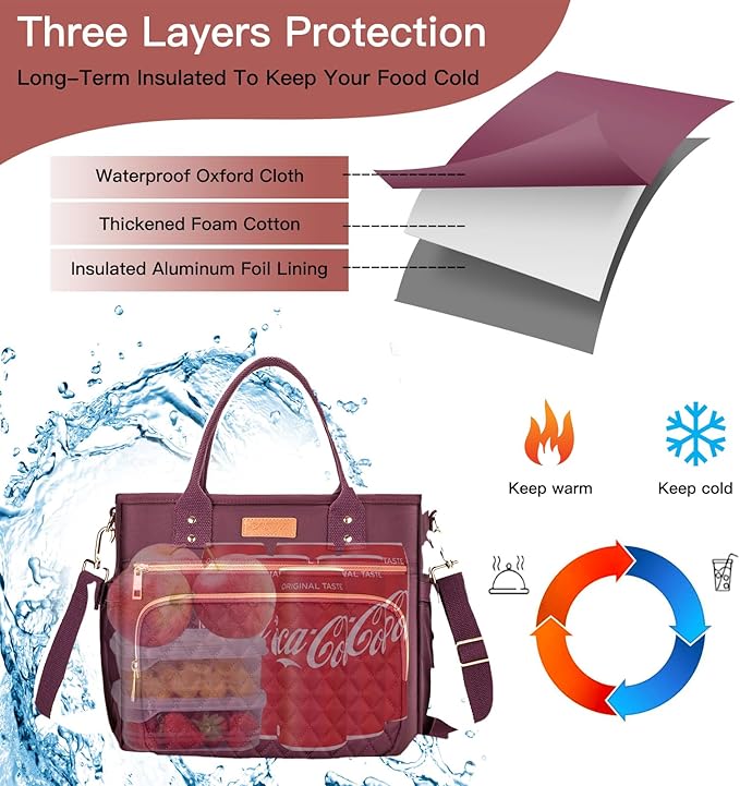 Large Women Lunch Bags for Work Insulated/Insulated Adult Lunch Box for Womens/Nylon Thermal Lunch Bag for Women/Leakproof Cooler Lunch Tote Bag with Storage Pocket (Mirage Purple)