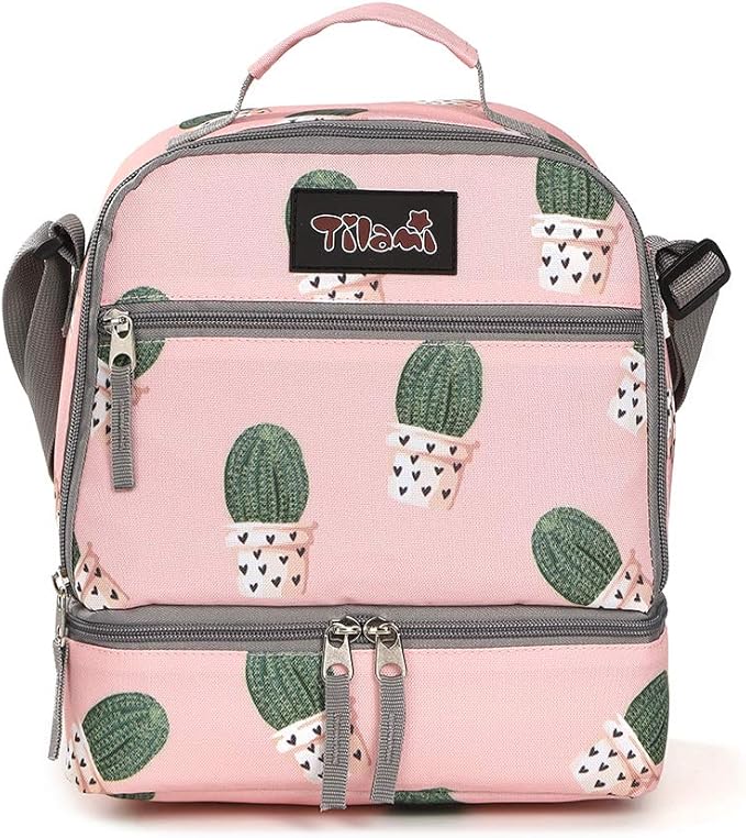 Tilami Lunch Bags Insulated Adjustable Strap Zipper, Two Compartments Cooler Bags, Bento Bags for Kids Toddlers, Cactus