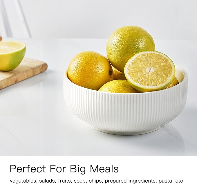 getstar Salad Bowl, 8 inch 60 oz Large Serving 2 Packs Ceramic Bowl Set, Microwave & Freezer Safe, Bowl Set of 2 For Fruit Soup Pasta Popcorn (White)