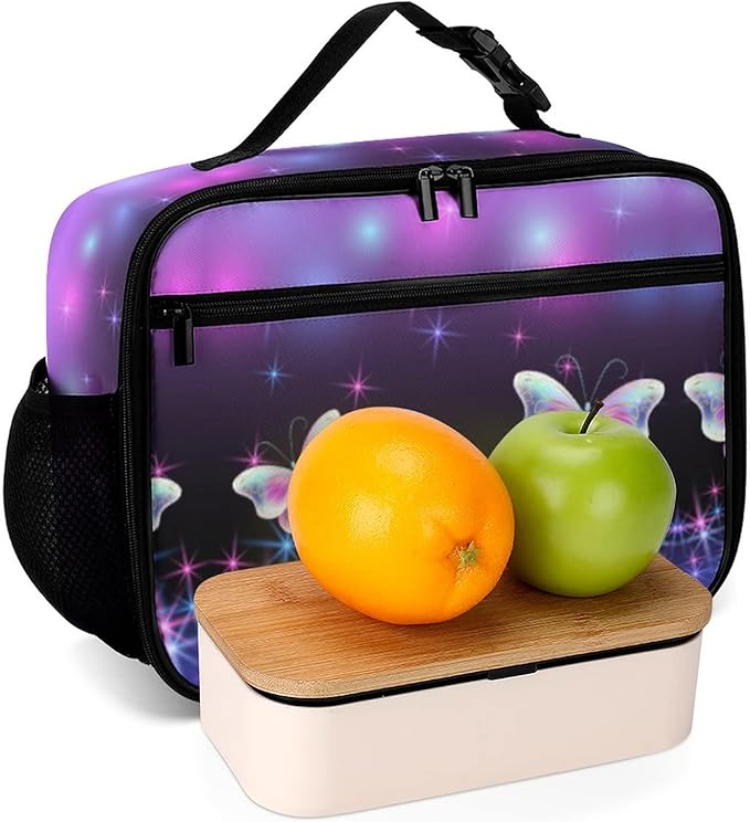 Butterflies and Sparkle Stars Reusable Lunch Box Insulated Lunch Bag Cooler Bag Lunchbox Meal Food Container Tote Bag for Women Kids Girls School Camping Hiking Picnic Beach Travel