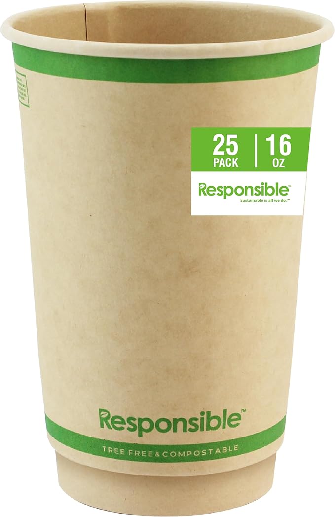 16 oz Double Wall Insulated Paper Coffee Cups (25 Count) – Smooth Wall Insulated To Go Coffee Cups - Natural Brown, Compostable, Eco-Friendly, Disposable Hot Beverage Cups