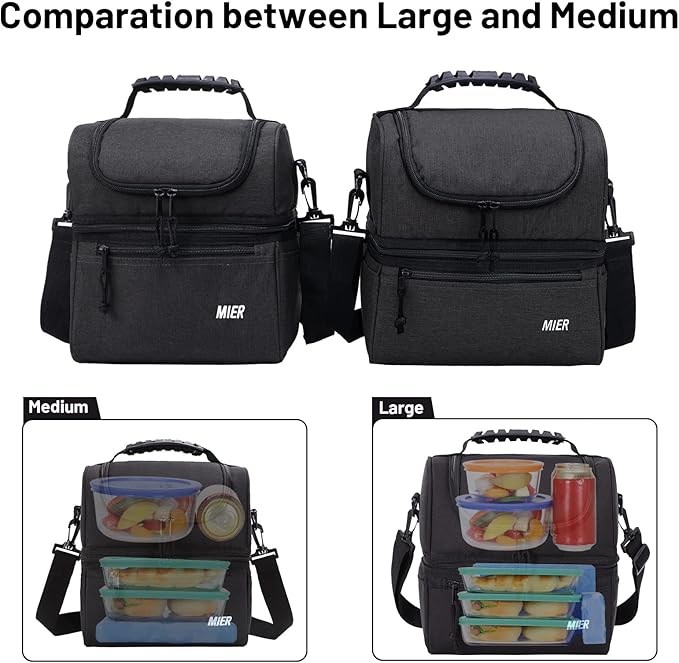 MIER 2 Compartment Lunch Bag for Men Women, Leakproof Insulated Cooler Bag for Work, Dark Grey, Medium