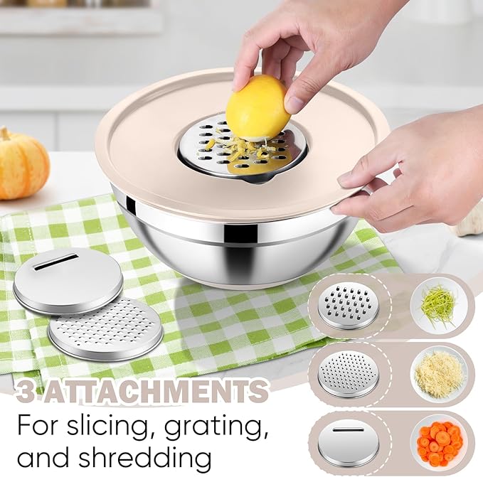 E-far 25PCS Mixing Bowls with Lid Set, Stainless Steel Nesting Prep Bowls with Grater Attachments Kitchen Gadgets Non-Slip Bottoms for Cooking, Serving, Food Storage, 4.6/2.6/2/1.5/1/0.7QT - Khaki