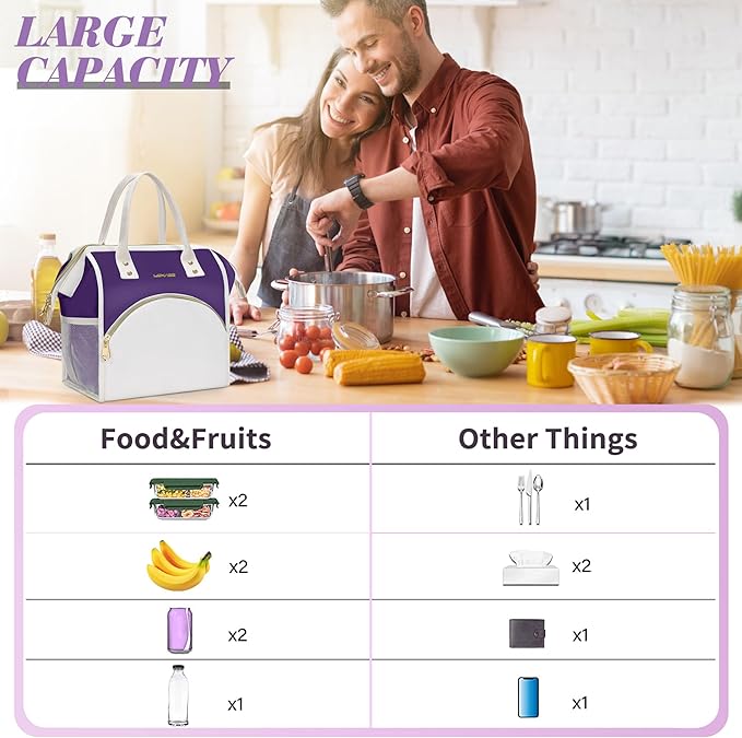 LOKASS Lunch Bag Women Insulated Lunch Box, Wide-Open Lunch Tote Bag Leak-proof Cooler Bag for Work Picnic-(Purple)