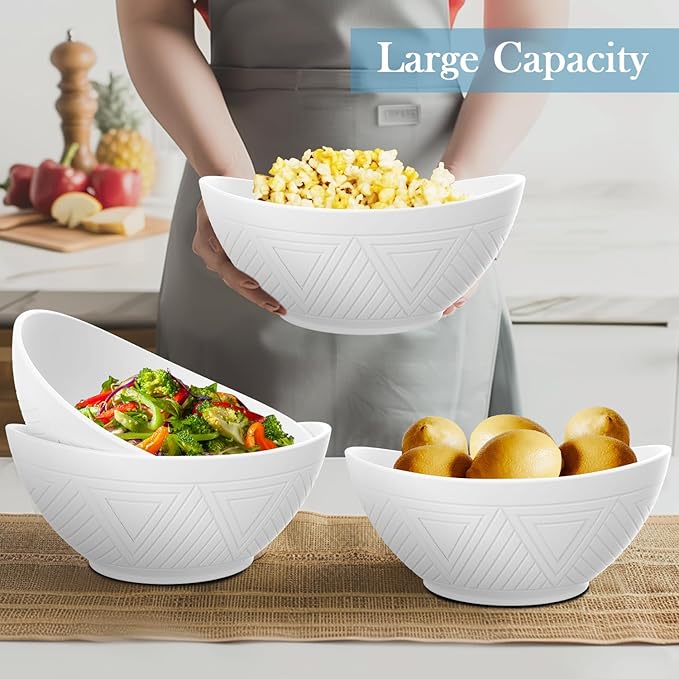 65 OZ Big Bowl Set - Wheat Straw Bowls Unbreakable Salad Bowls Set of 4, Plastic Bowl Reusable for Kitchen, Camping, Party, Popcorn, Microwave & Dishwasher Safe Bowl (White)