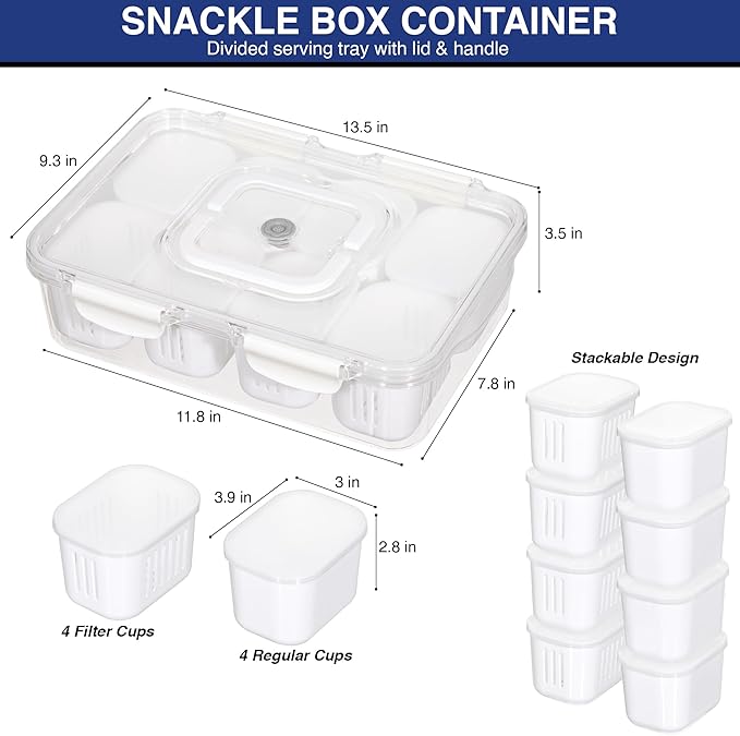 | Snackle Box Container, Divided Serving Tray with Lid & Handle - Microwave & Dishwasher safe - 8 Compartment Snack Organizer with 4 Regular & 4 Filter Cups for Travel, Picnic, Candy & Fruit