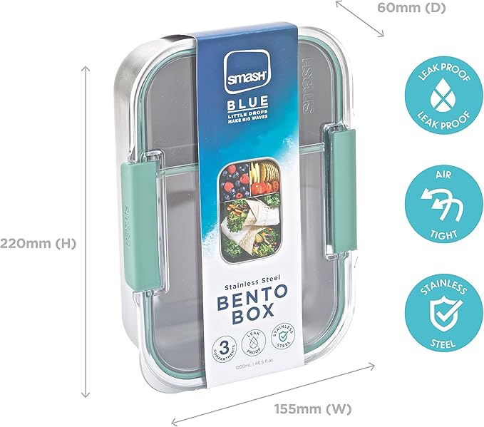 Microwave Safe Stainless Steel 3 Compartment Bento Lunch Box, 44oz