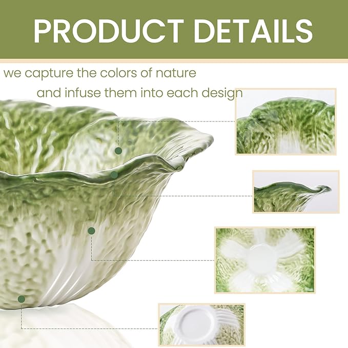 KXZ Green Cabbage ramen Bowl -16 oz pasta bowl, dishwasher and microwave safe, perfect for salads, party fruit bowls, ceramic pho soup bowls