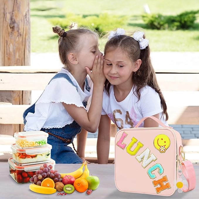 Insulated Girls Lunch Box, Preppy Lunch Box for Teen Girls, Cute Girls Lunch Bag for Kids, Large Reusable Cute Cooler Bag with Adjustable Shoulder Straps,Perfect for School Travel Picnic(Pink)