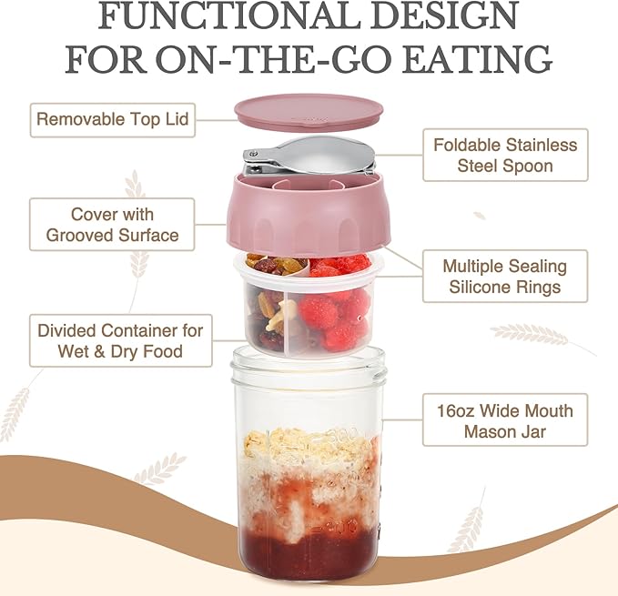 SOLIGT 2 Pack Overnight Oats Containers with Lids, Folding Spoons and Divided Compartments for Fruit & Nuts, Small Glass 16oz Mason Jars for Oatmeal Yogurt Parfait