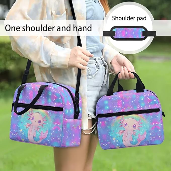 Showudesigns Rainbow Axolotl Lunch Bag for Women Galaxy Lunch Box Girls 6-8 8-10 10-12 Cooler Bag Reusable Lunch Tote Box With Front Pocket Thermal Meal Organizer Bento Box