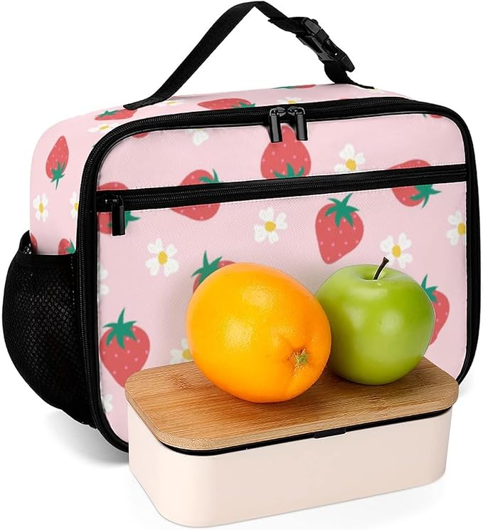 Strawberry Flowers Reusable Lunch Box Insulated Lunch Bag Cooler Bag Lunchbox Meal Food Container Tote Bag for Women Kids Girls School Camping Hiking Picnic Beach Travel
