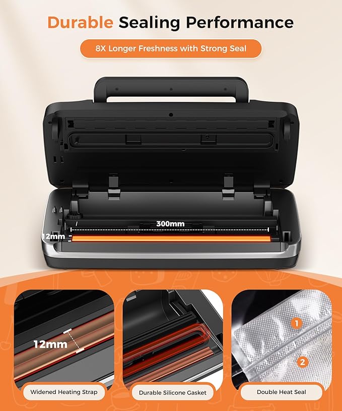 95kpa Vacuum Sealer Machine,Commercial Full Automatic Food Sealer,Powerful Sealing System with Double Heat Seal,Bags Storage, Easy-Lock Handle,Build-in Cutter,1 Bag Rolls & 10 pcs Pre-cut Bags(Silver)