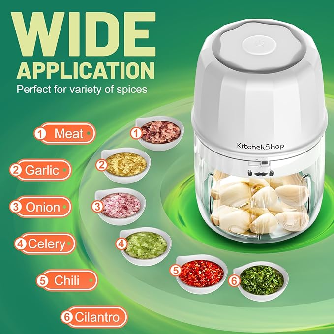 Electric Garlic Chopper, 300ML Portable Cordless Mini Food Processor, Rechargeable Vegetable Chopper Blender for Nuts Chili Onion Minced Meat and Spices BPA-Free(White)