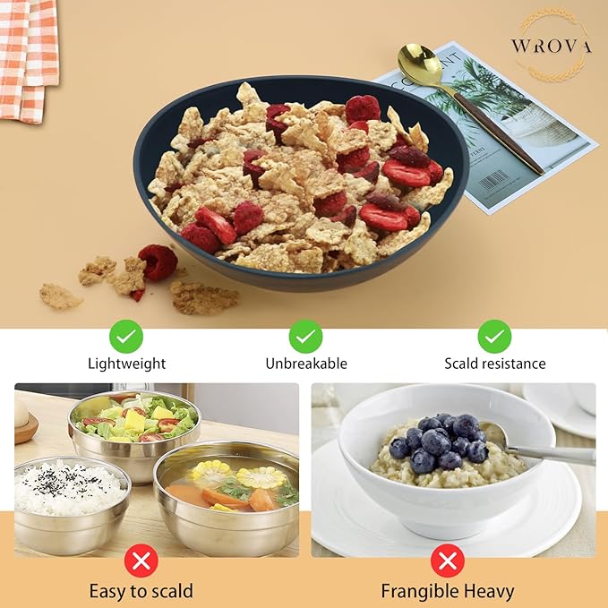 65oz Big Wheat Straw Bowls - Large Salad Bowls set of 6 - Unbreakable Serving Bowls - Microwave & Dishwasher Safe - Oval Bowls for Cereal,Salad,Fruit - Classic Series